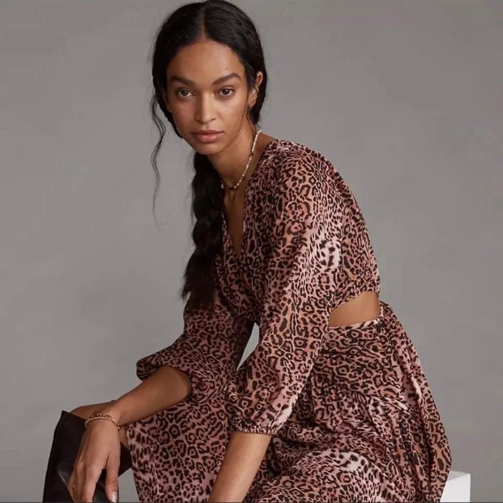 Ranna Gill Anthropologie Midi Dress Women S Pink Leopard New Cutout Twist Front